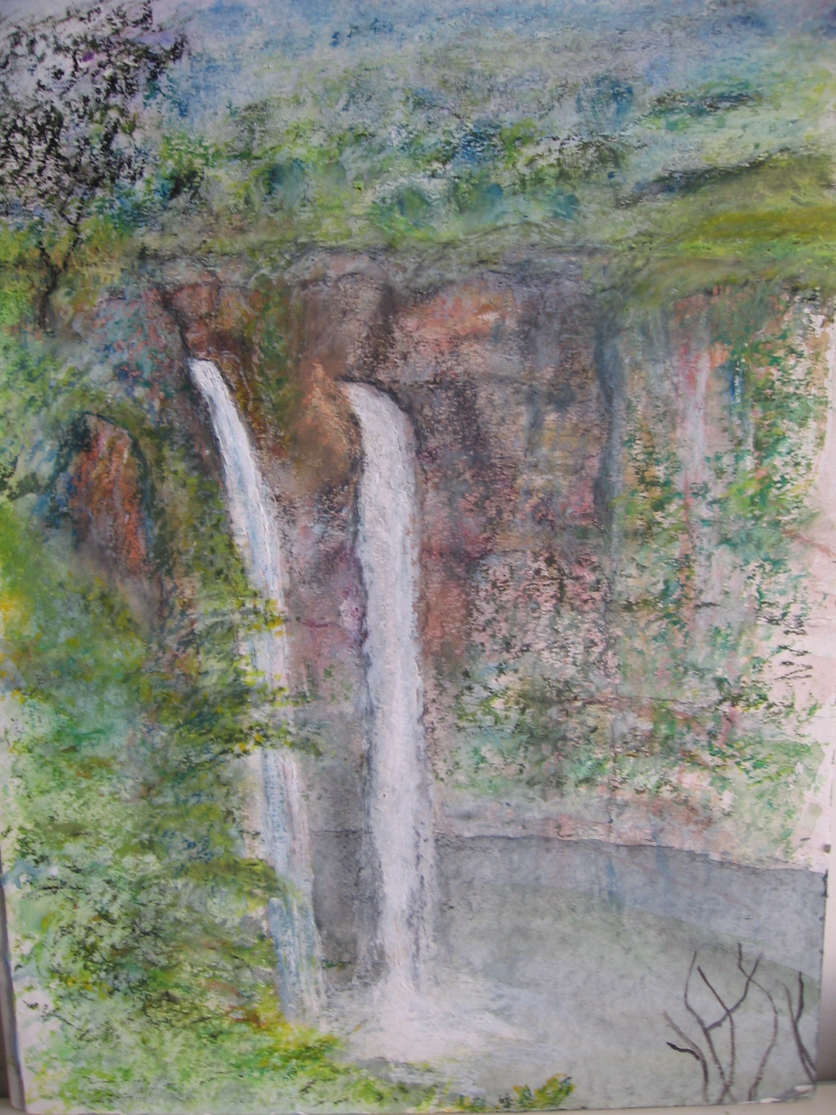 a painting of a waterfall in the woods